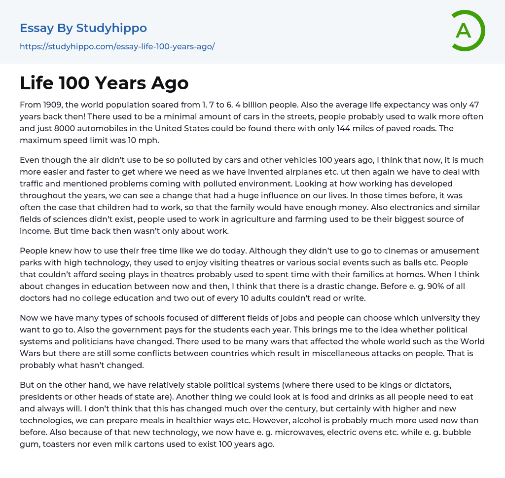Life 100 Years Ago Essay Example