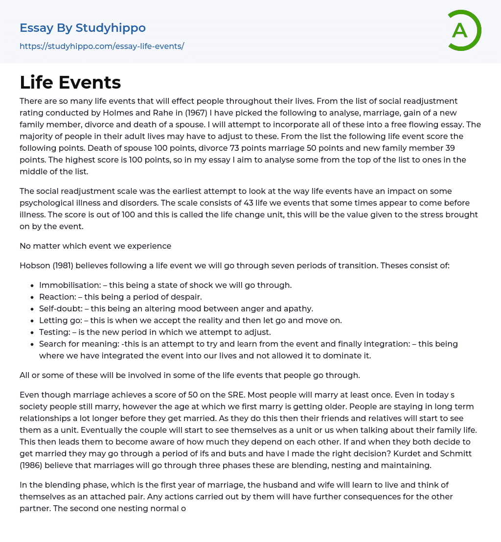 Life Events Essay Example