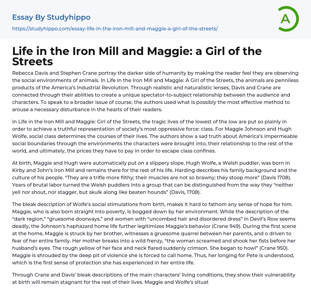 Life in the Iron Mill and Maggie: a Girl of the Streets Essay Example