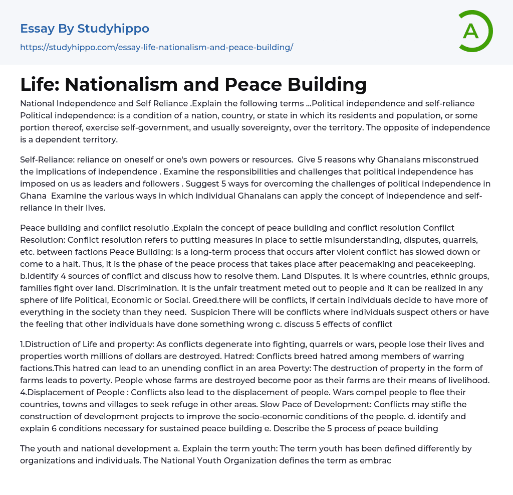 Life: Nationalism and Peace Building Essay Example