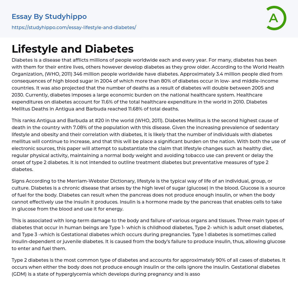 Lifestyle and Diabetes Essay Example