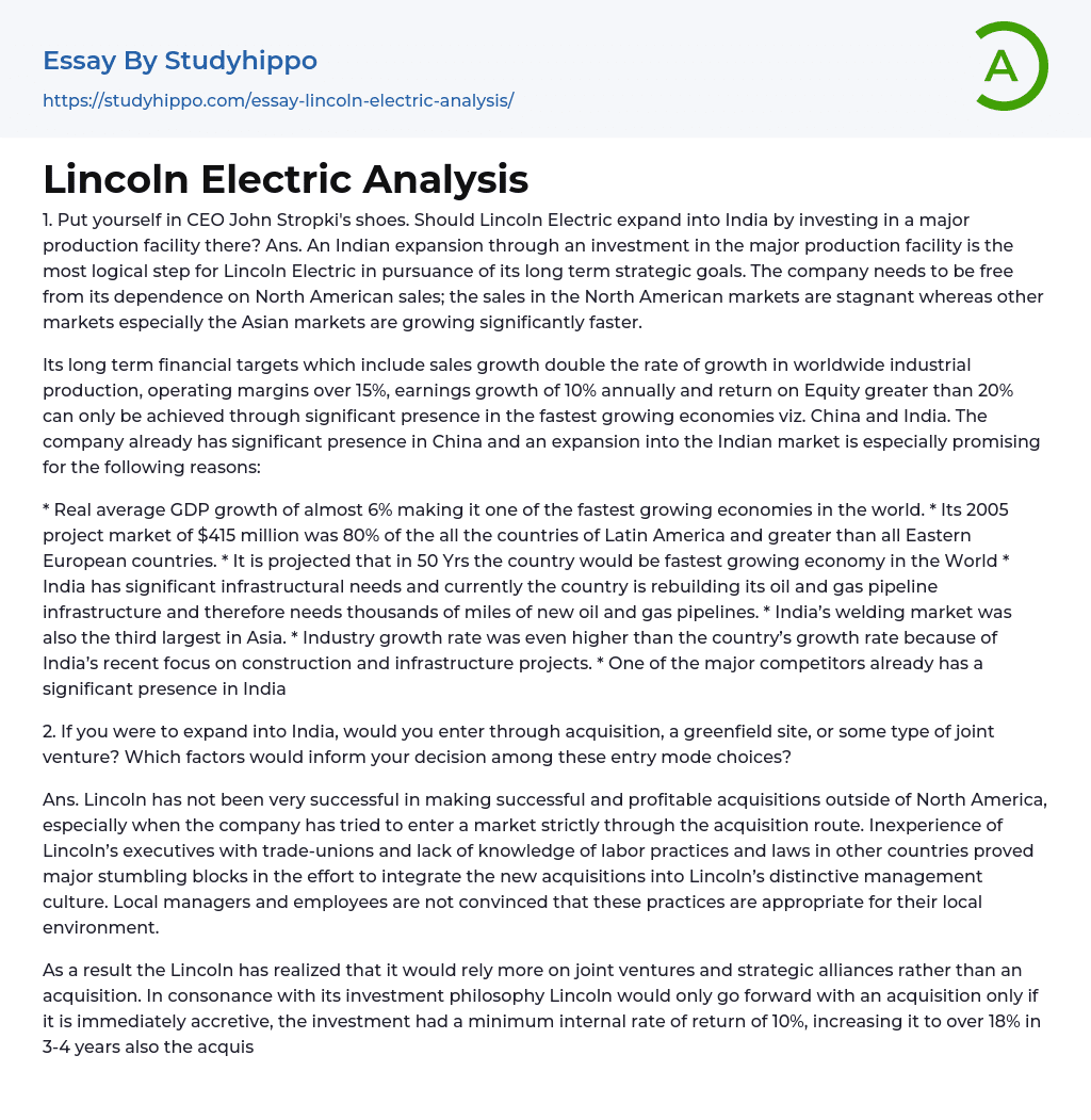 Lincoln Electric Analysis Essay Example