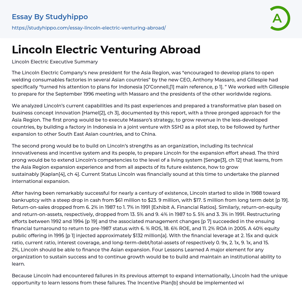 Lincoln Electric Venturing Abroad Essay Example