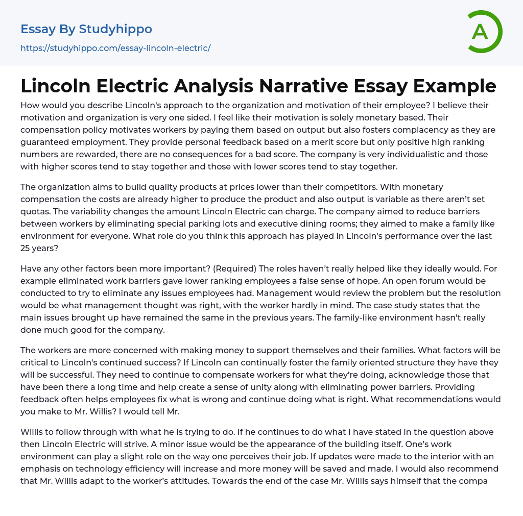 Lincoln Electric Analysis Narrative Essay Example