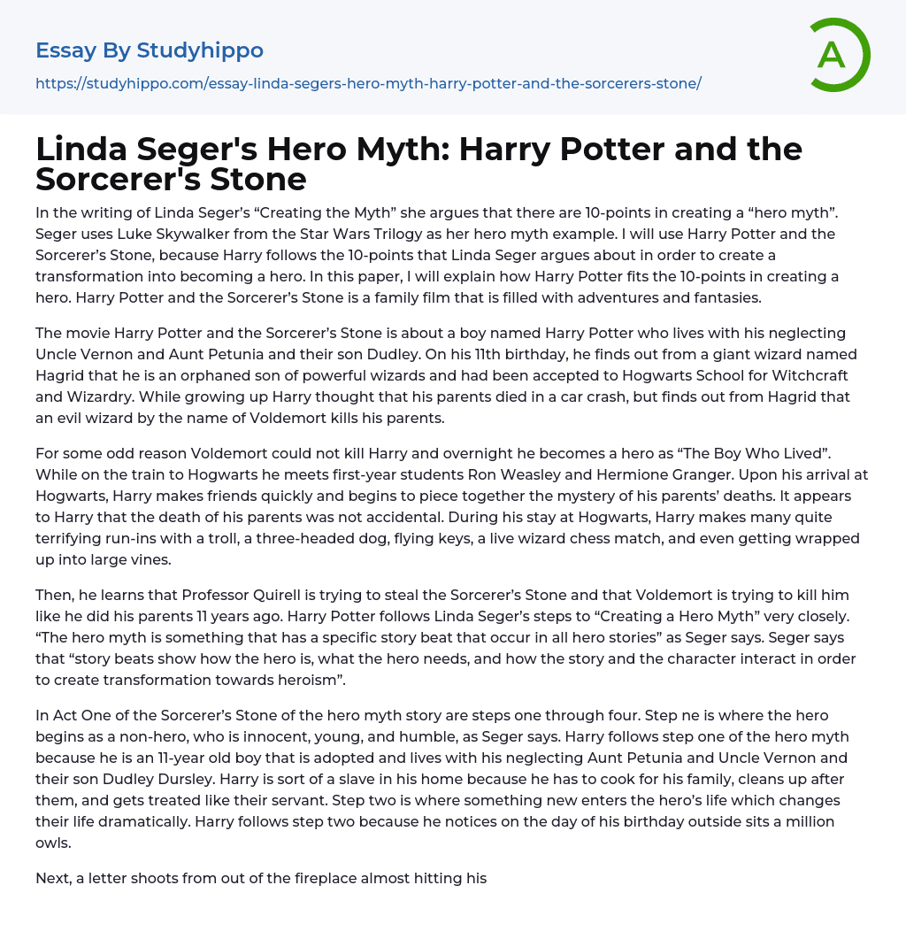 Linda Seger’s Hero Myth: Harry Potter and the Sorcerer’s Stone Essay Example