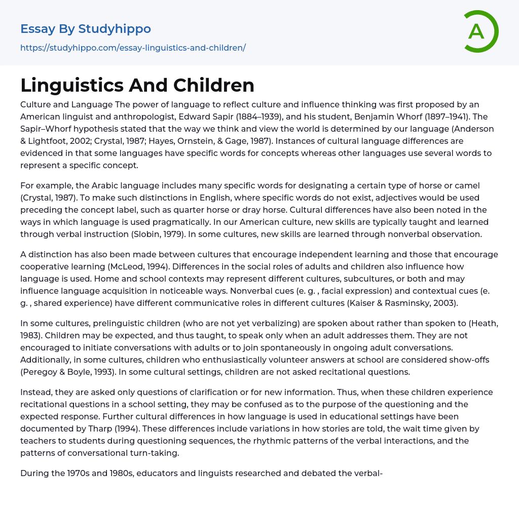 Linguistics And Children Essay Example