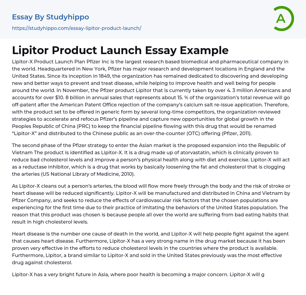 Lipitor Product Launch Essay Example