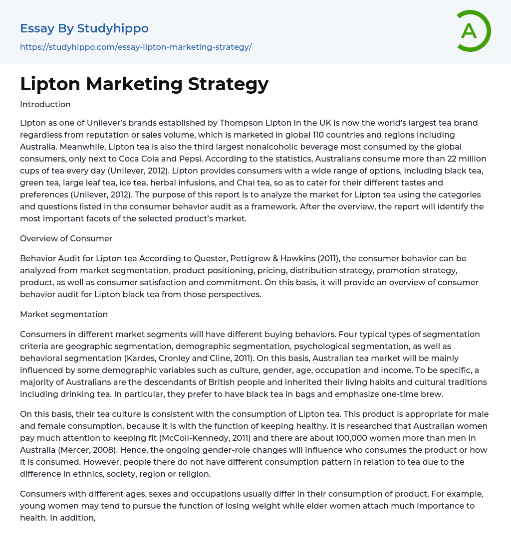 Lipton Marketing Strategy Essay Example