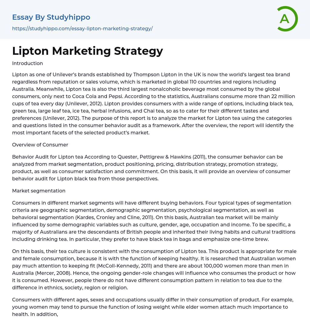 Lipton Marketing Strategy Essay Example StudyHippo