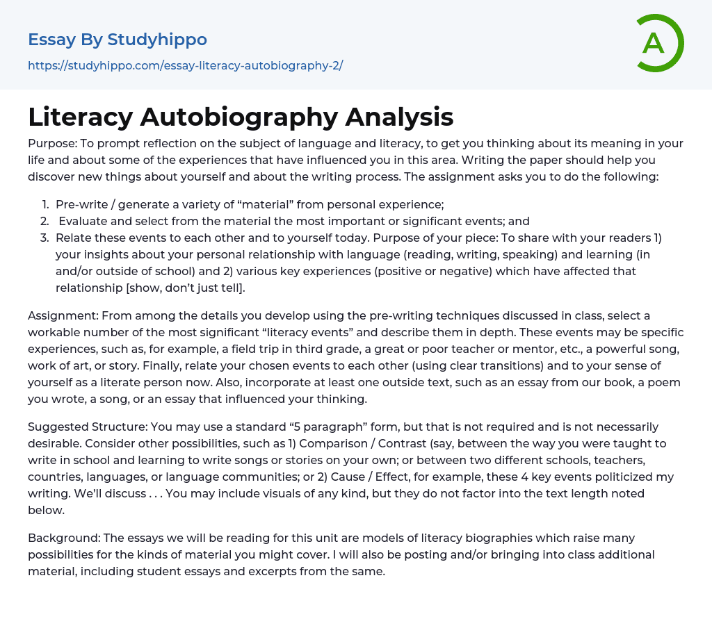 Literacy Autobiography Analysis Essay Example