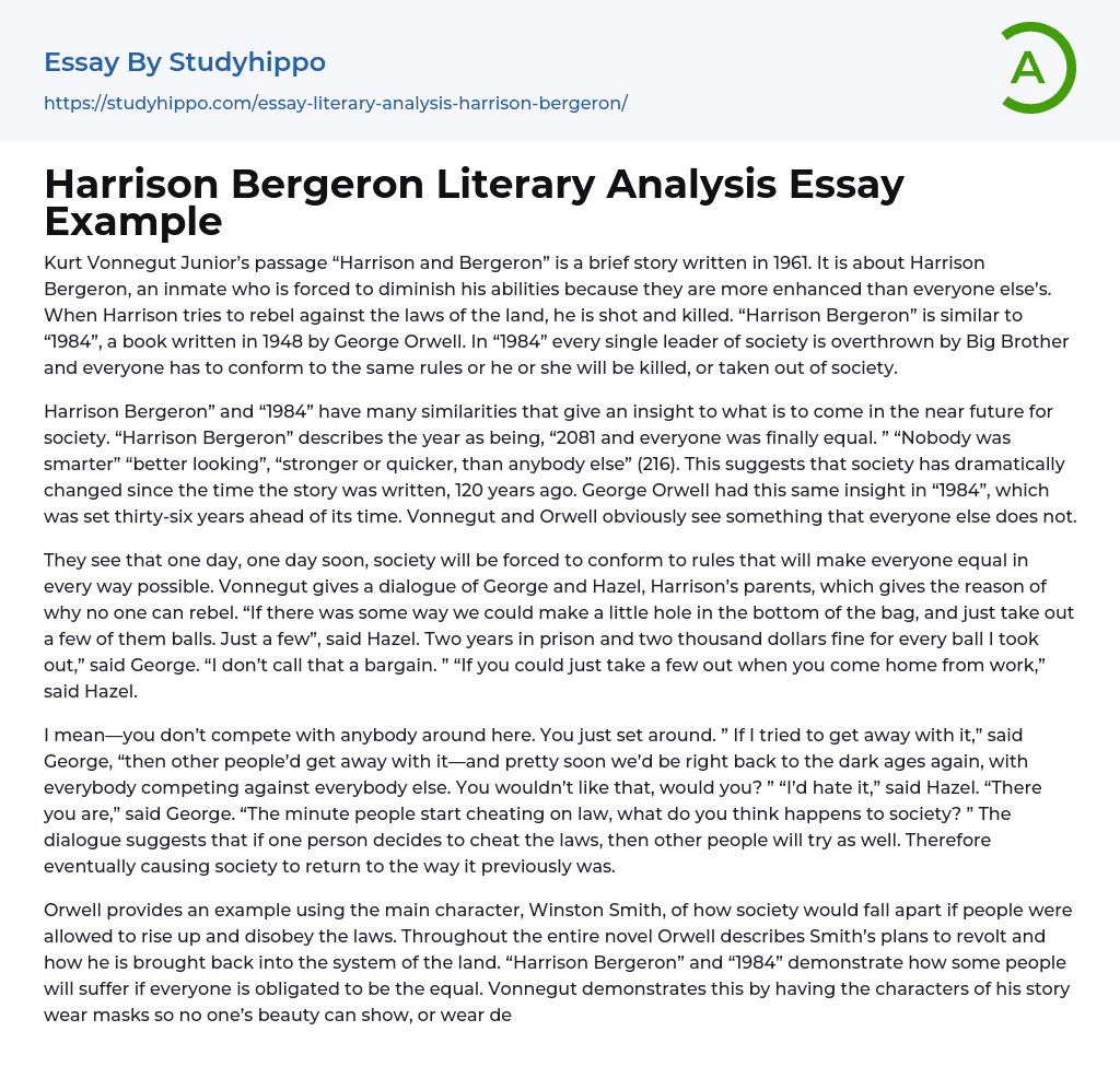 Harrison Bergeron Literary Analysis Essay Example