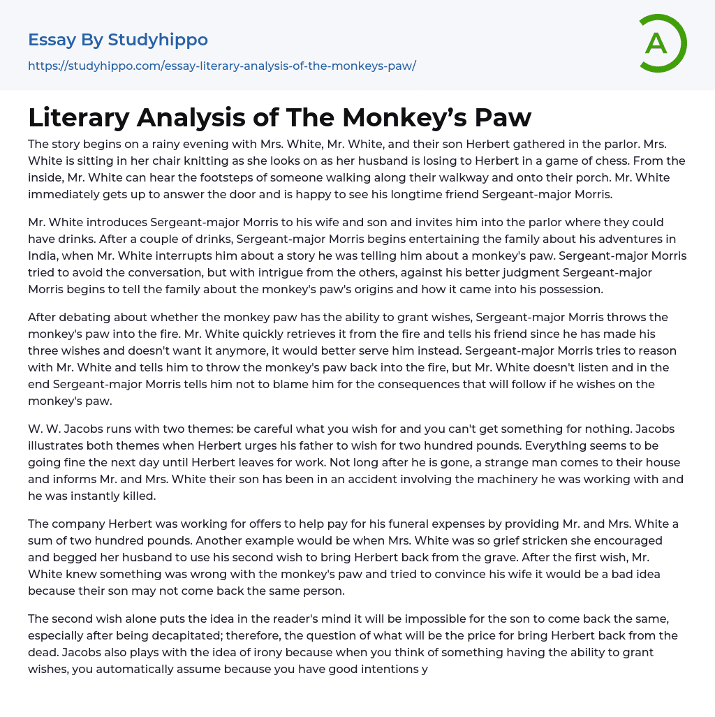 Literary Analysis of The Monkey’s Paw Essay Example