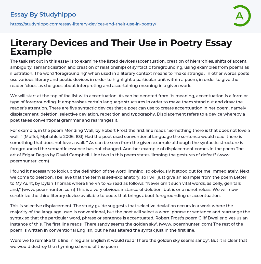 Literary Devices and Their Use in Poetry Essay Example