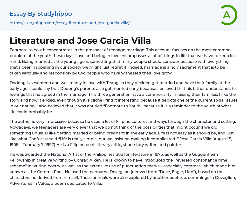 Literature and Jose Garcia Villa Essay Example