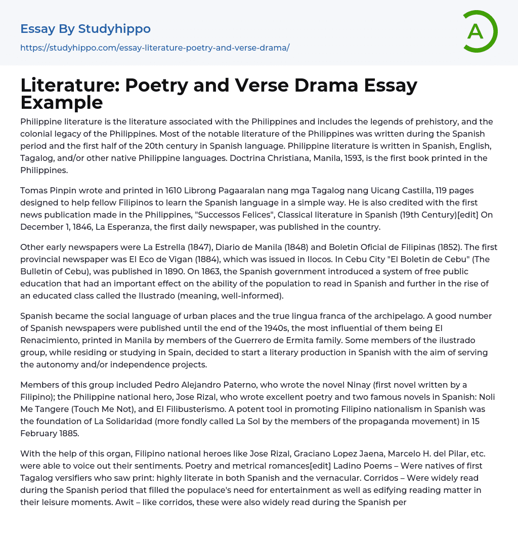 Literature: Poetry and Verse Drama Essay Example