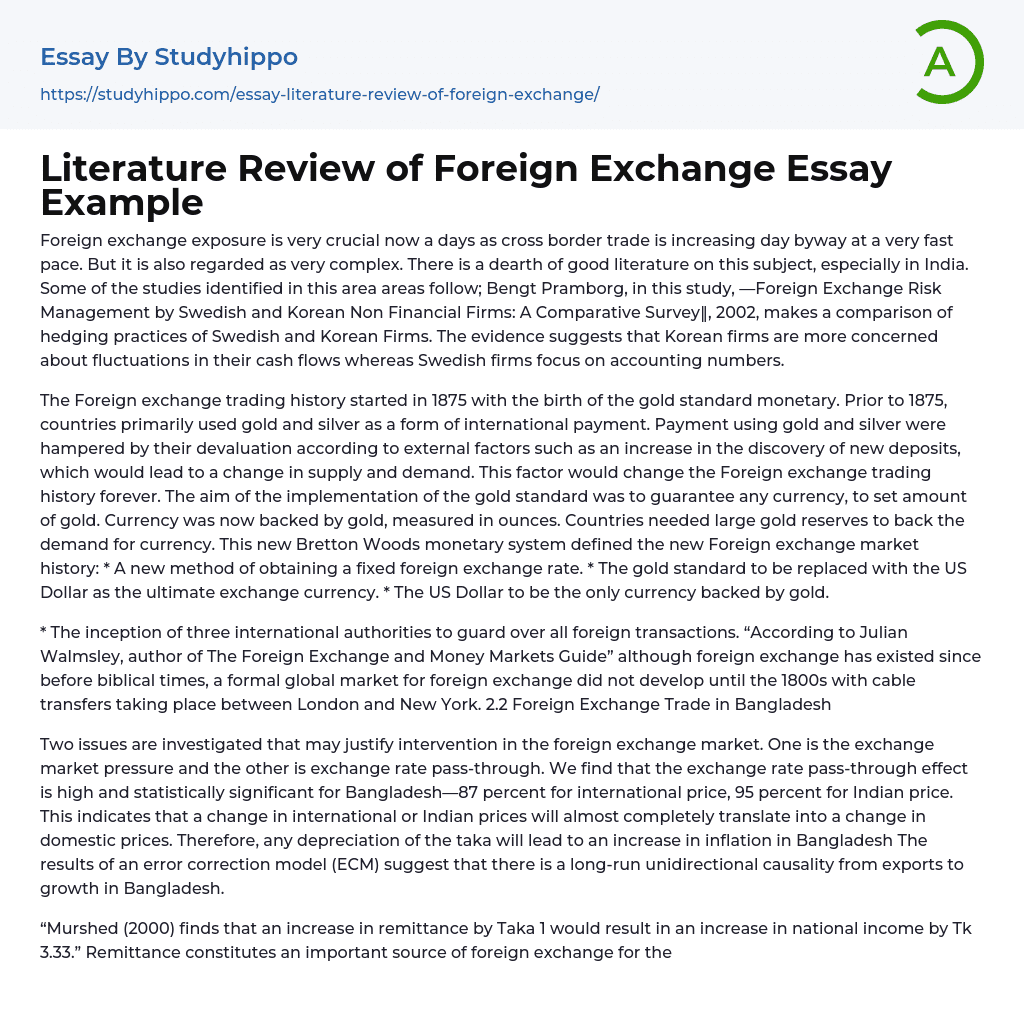 Literature Review of Foreign Exchange Essay Example