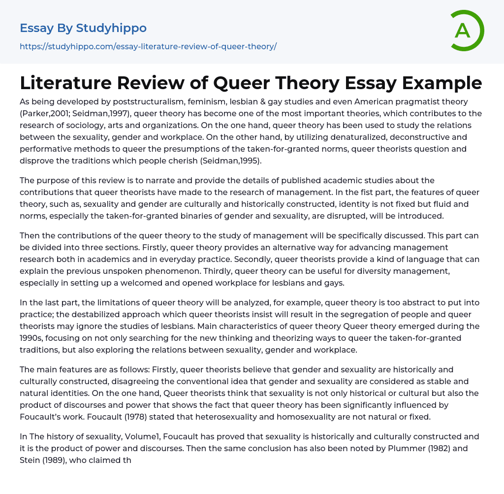 Literature Review of Queer Theory Essay Example