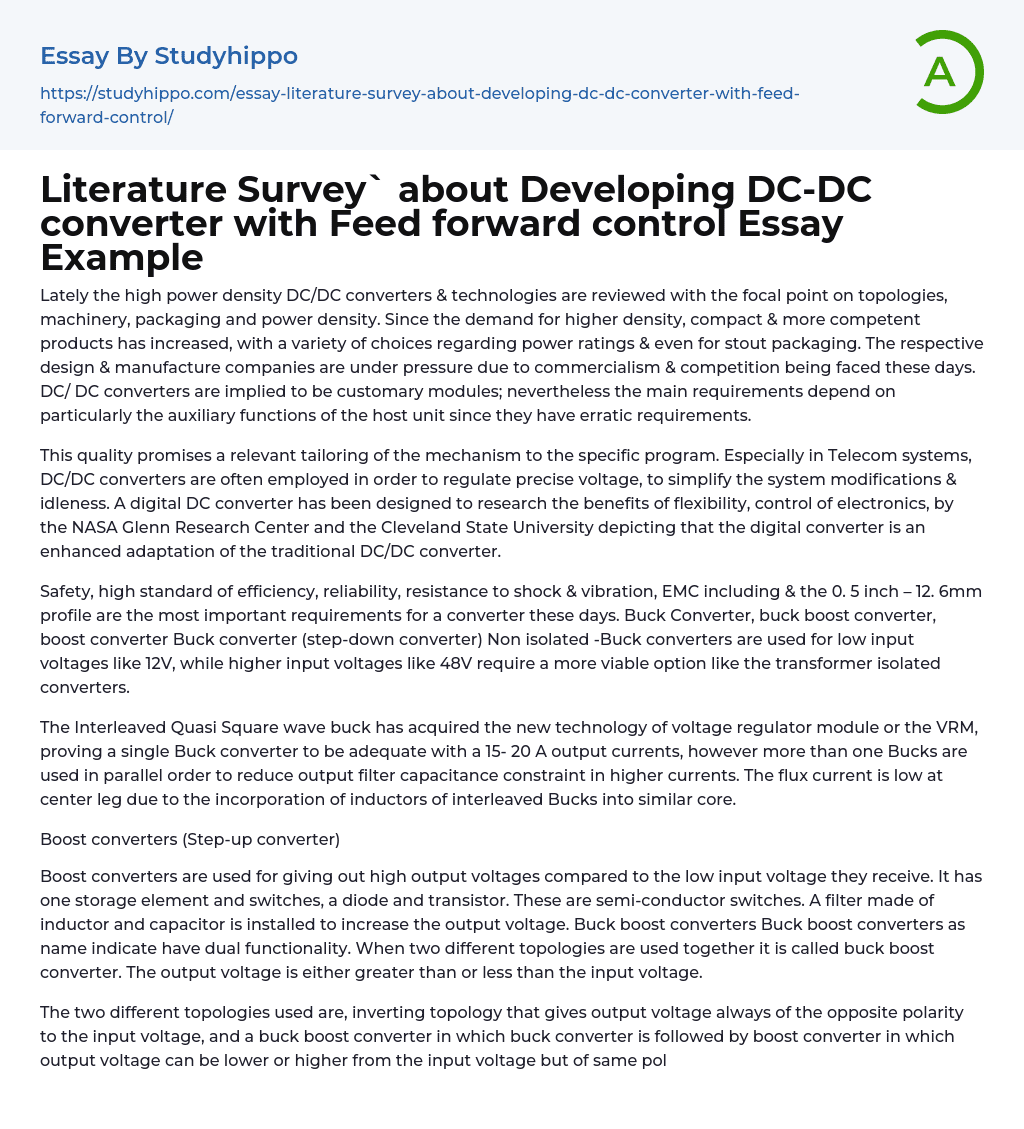 Literature Survey` about Developing DC-DC converter with Feed forward control Essay Example
