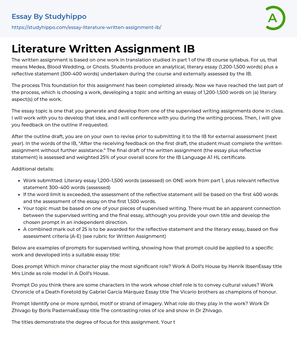 Literature Written Assignment IB Essay Example