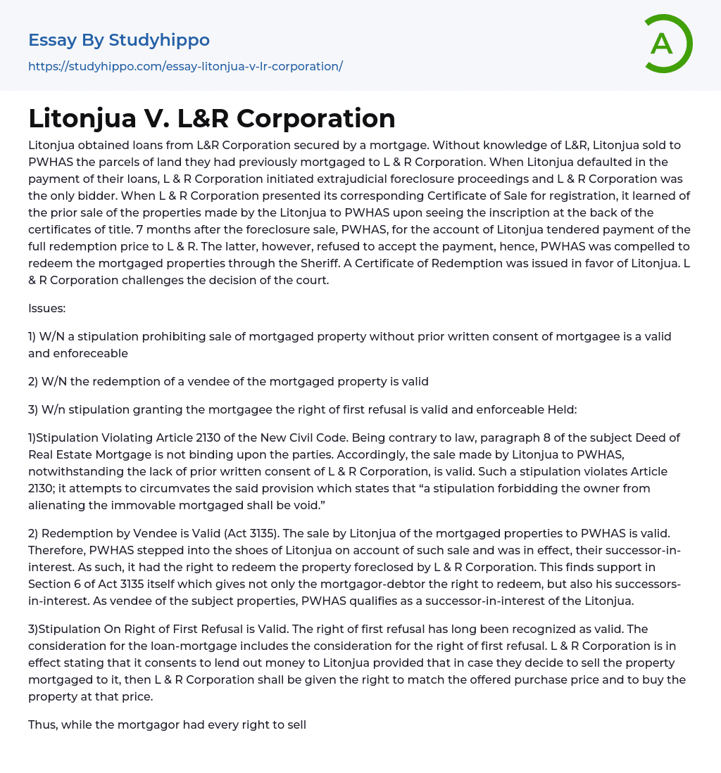 Litonjua V. L&R Corporation Essay Example