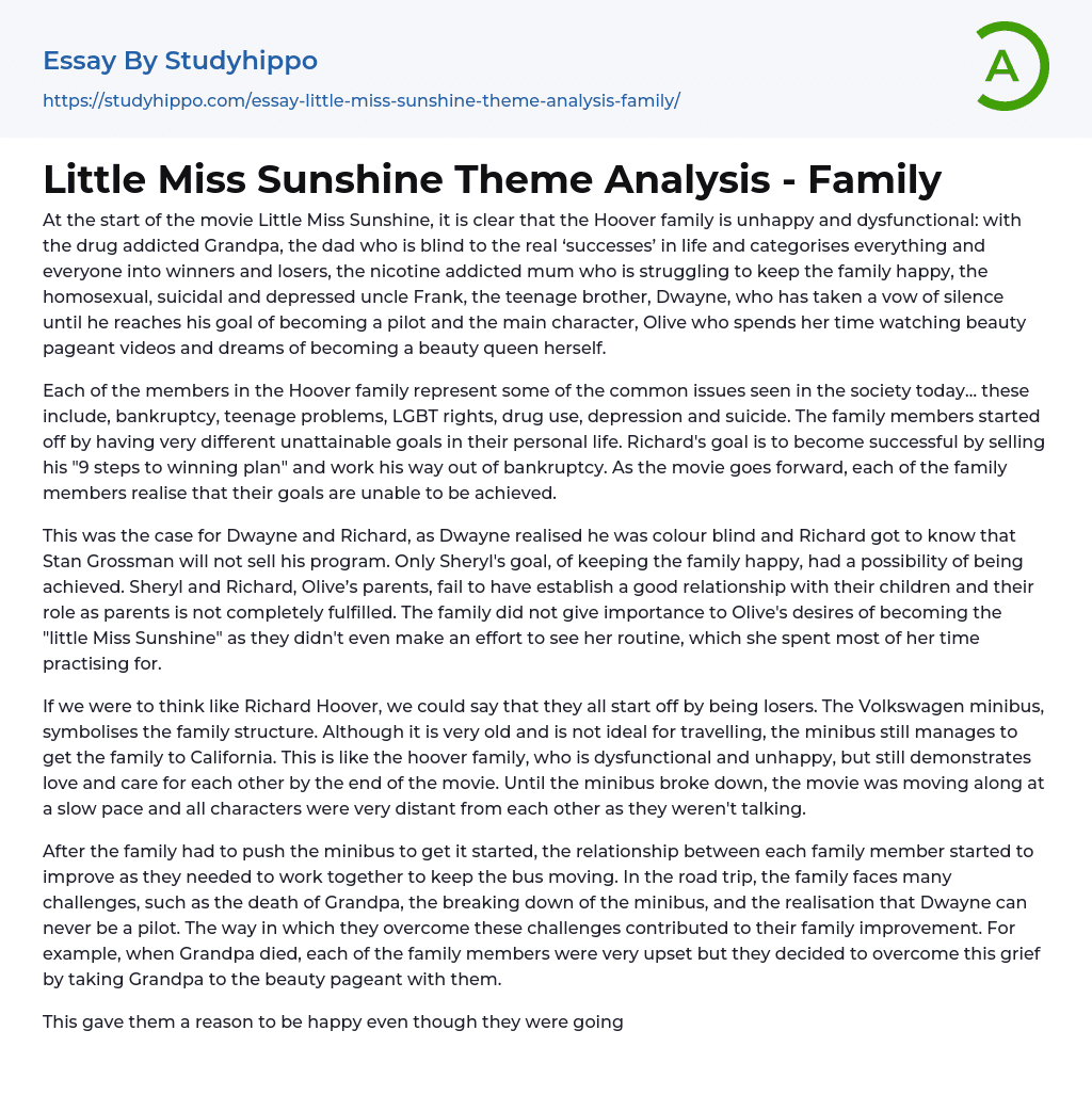 Little Miss Sunshine Theme Analysis – Family Essay Example