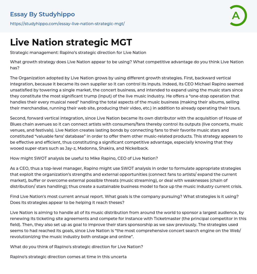 Live Nation strategic MGT Essay Example
