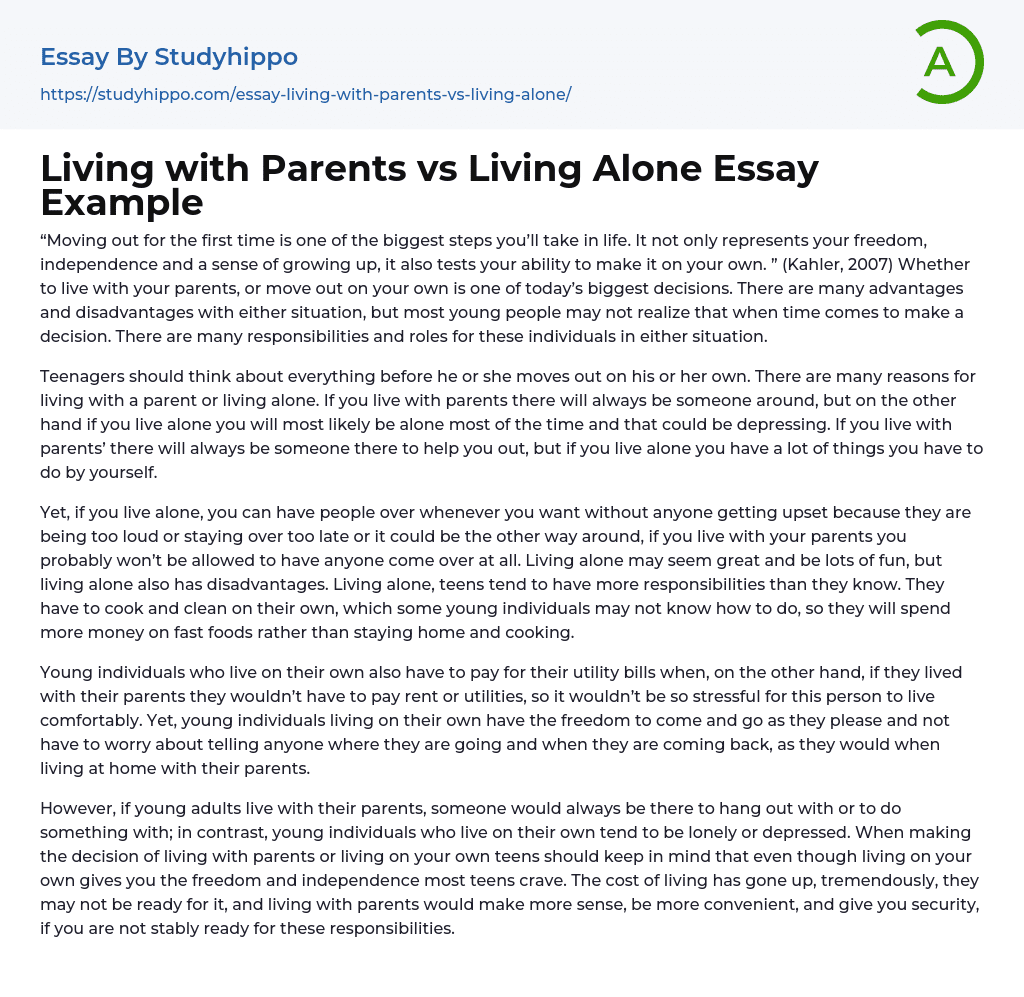 Living with Parents vs Living Alone Essay Example