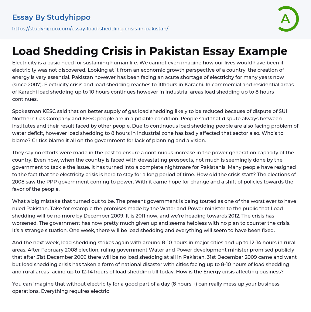Load Shedding Crisis in Pakistan Essay Example