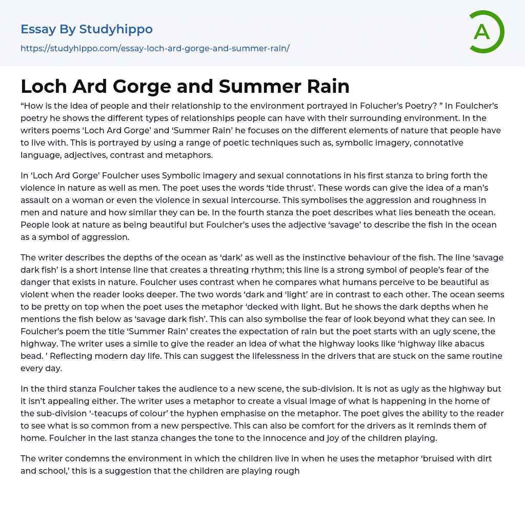 Loch Ard Gorge and Summer Rain Essay Example