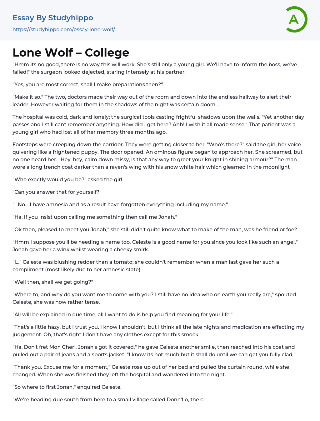 Lone Wolf – College Essay Example