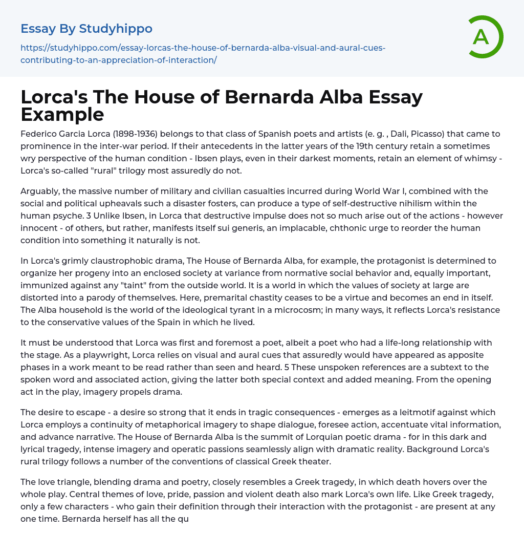 Lorca’s The House of Bernarda Alba Essay Example