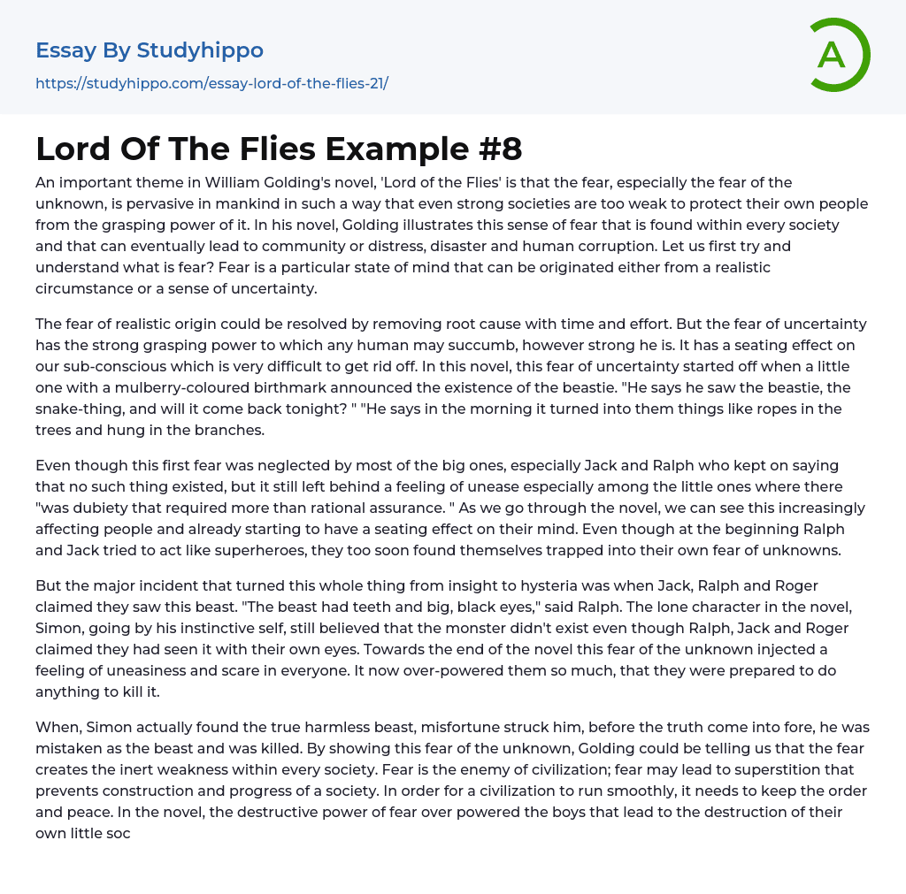 Lord Of The Flies Example #8 Essay Example