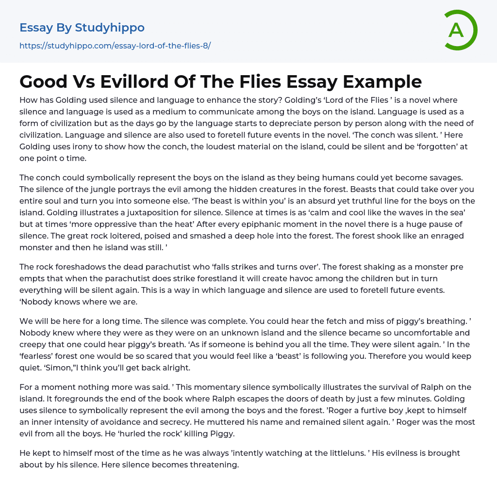 Good Vs Evillord Of The Flies Essay Example