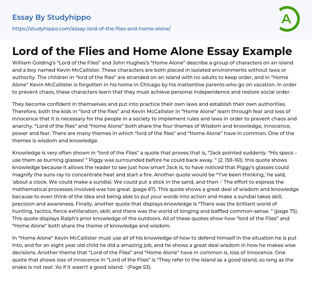 Lord of the Flies and Home Alone Essay Example