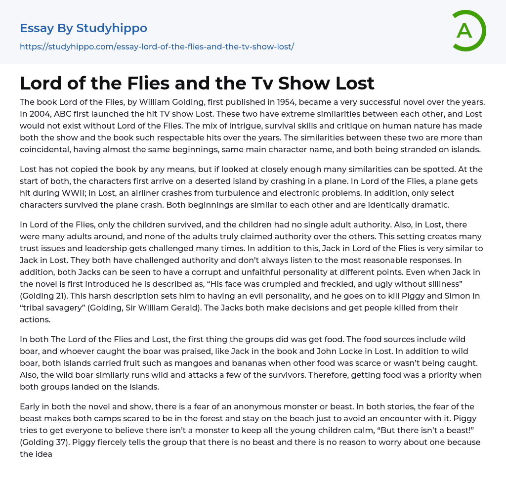 Lord of the Flies and the Tv Show Lost Essay Example