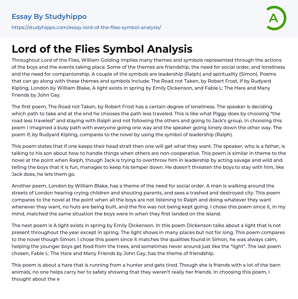 Lord of the Flies Symbol Analysis Essay Example
