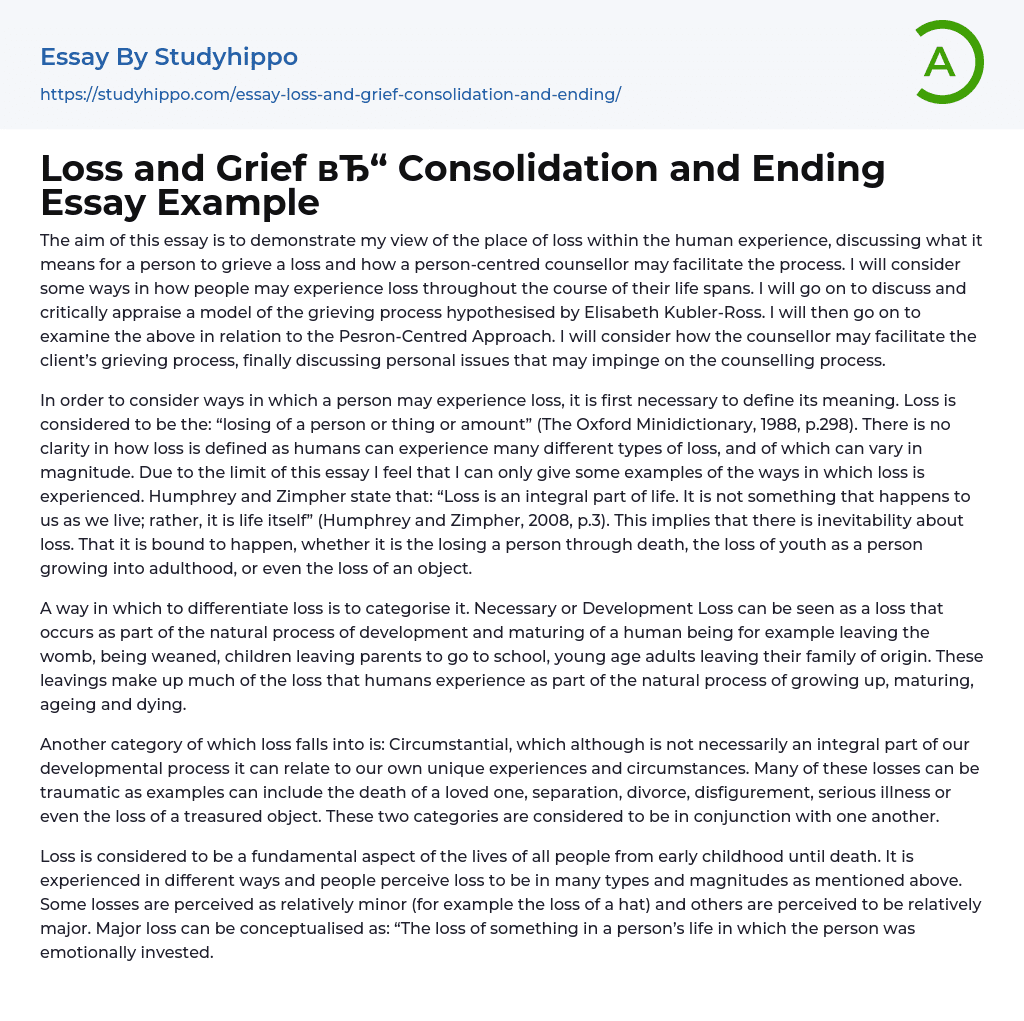 Loss and Grief Consolidation and Ending Essay Example