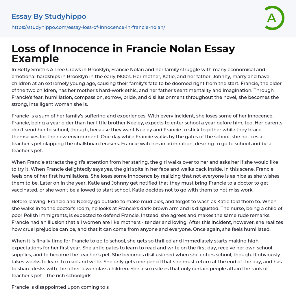Loss of Innocence in Francie Nolan Essay Example