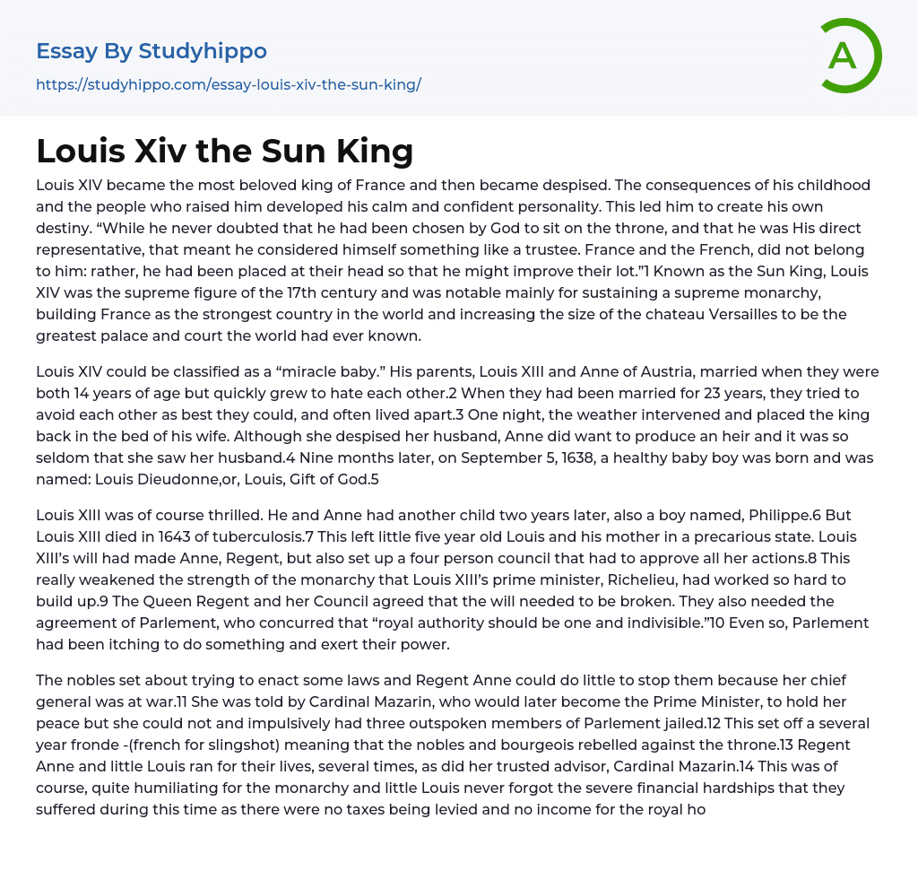 Louis Xiv the Sun King Essay Example