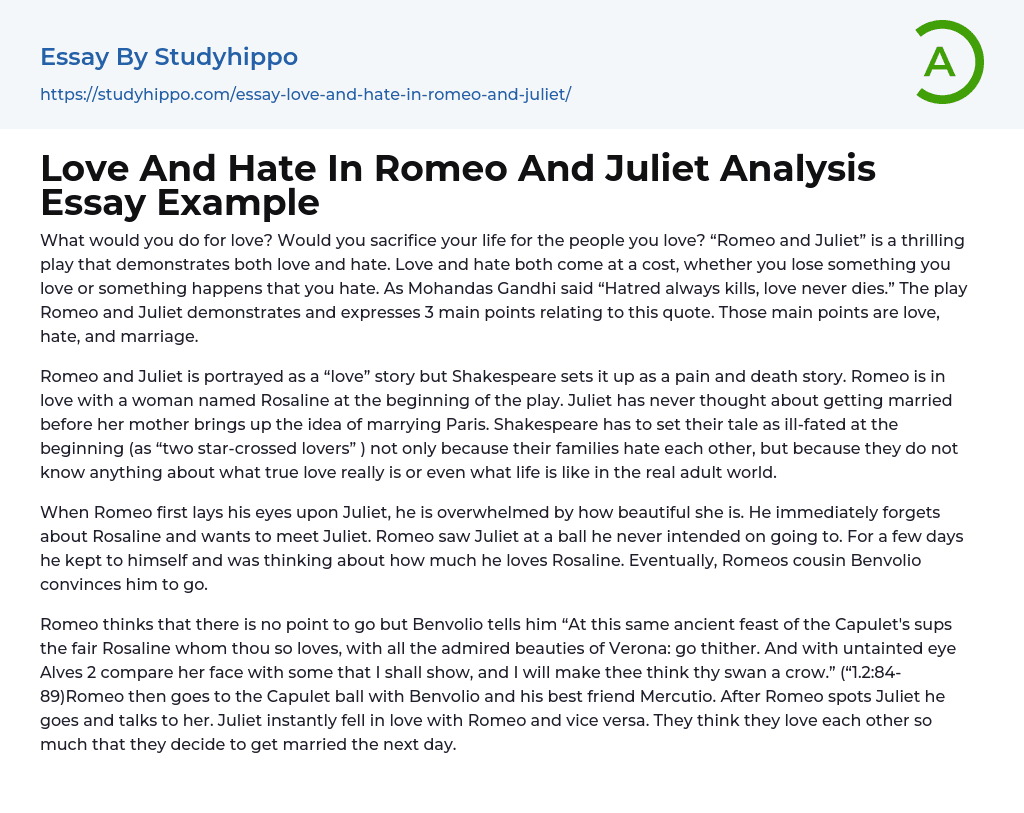Love And Hate In Romeo And Juliet Analysis Essay Example