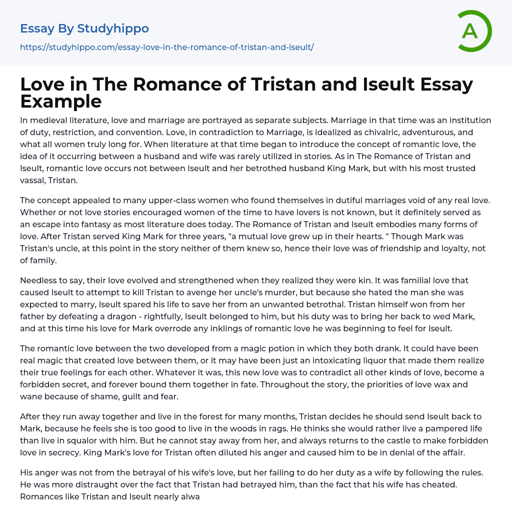 Love in The Romance of Tristan and Iseult Essay Example