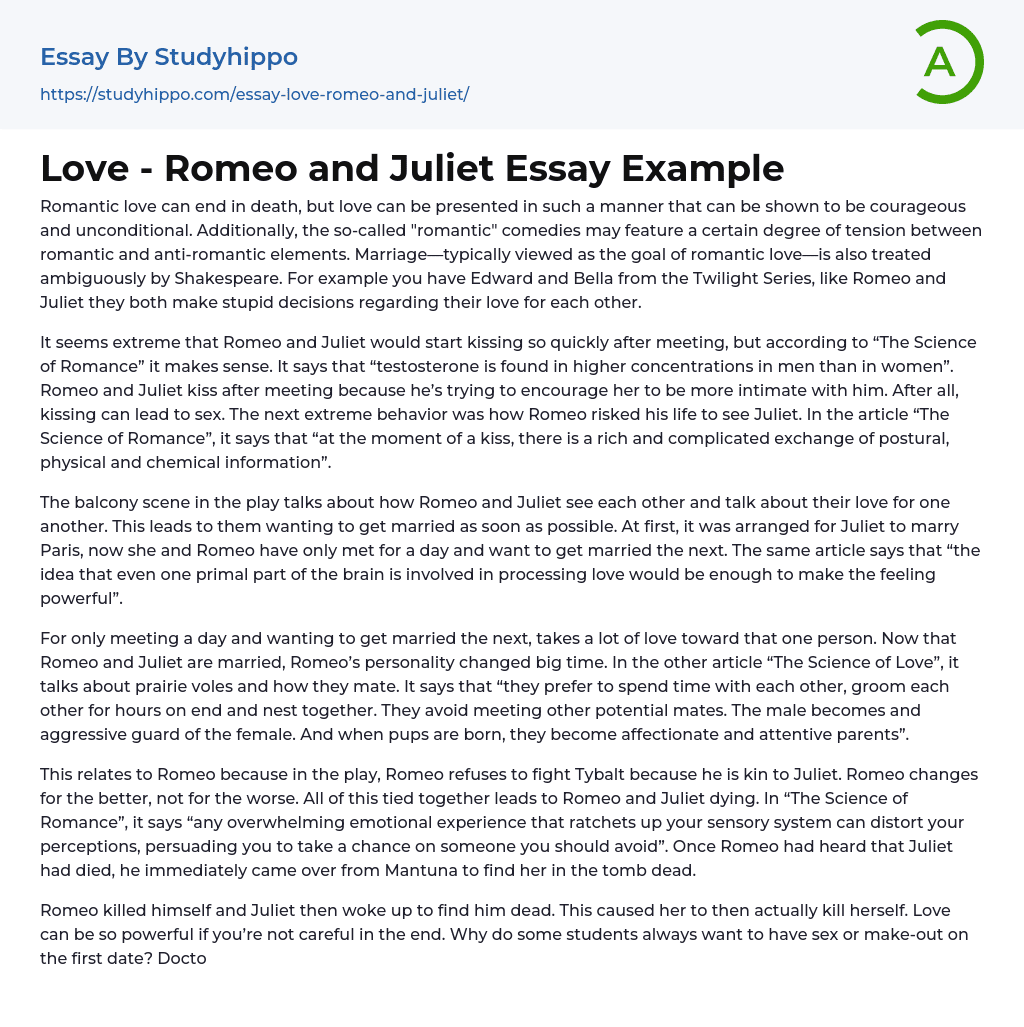 Love – Romeo and Juliet Essay Example