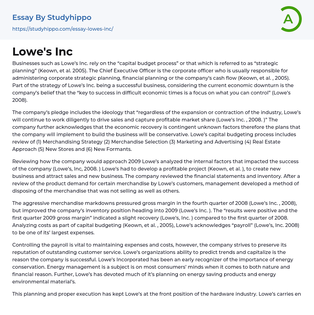 Lowe’s Inc Essay Example