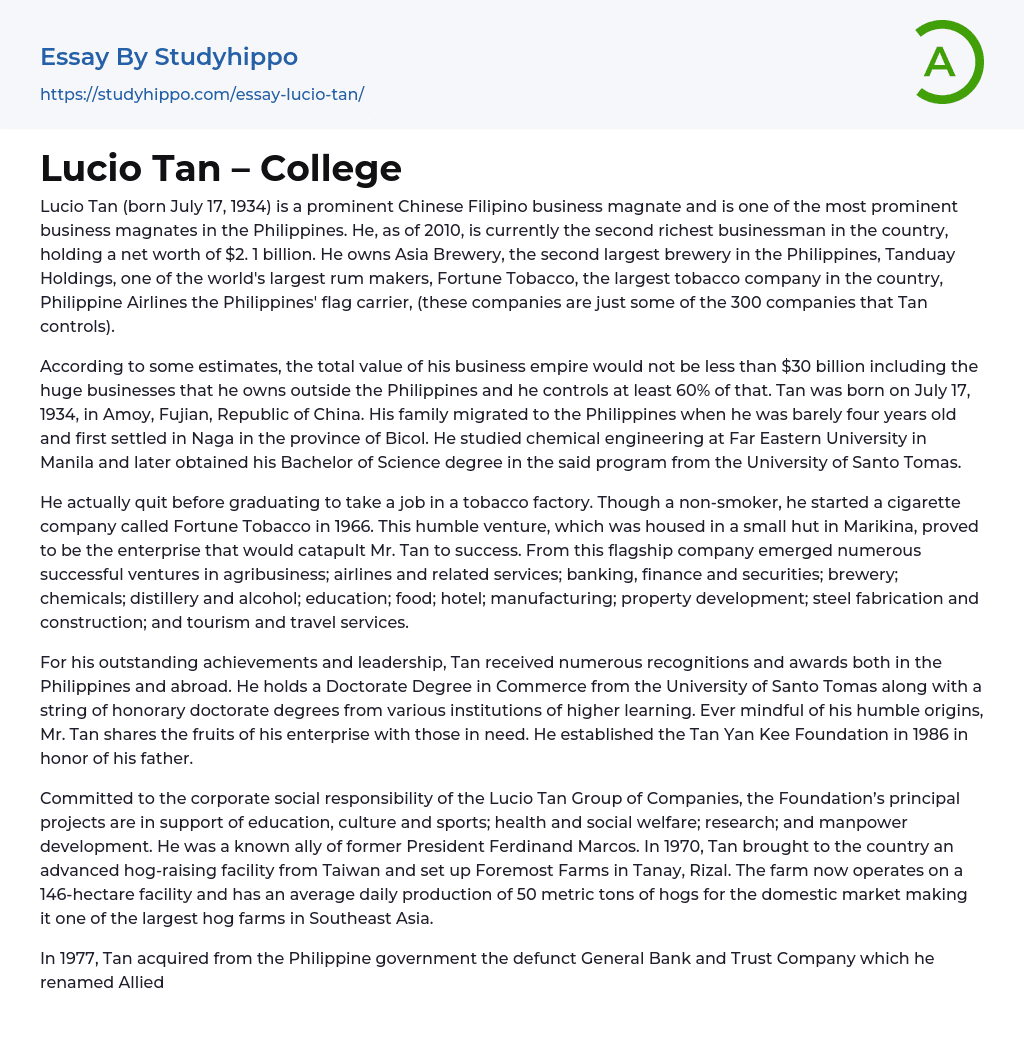 Lucio Tan – College Essay Example