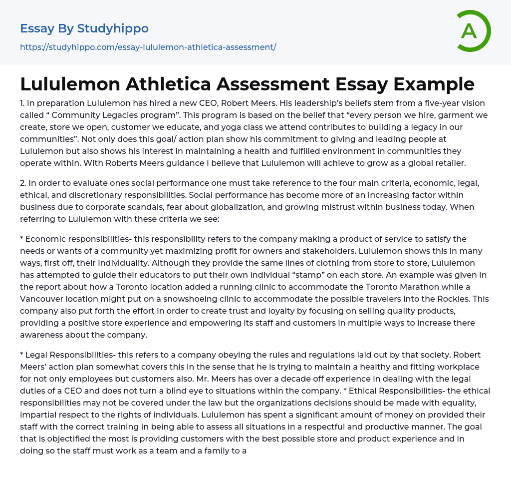 Lululemon Athletica Assessment Essay Example