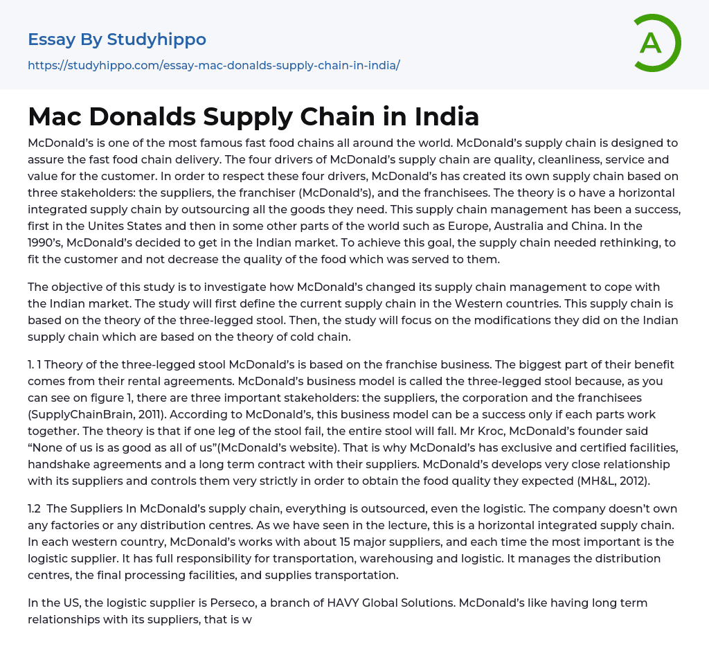 Mac Donalds Supply Chain in India Essay Example
