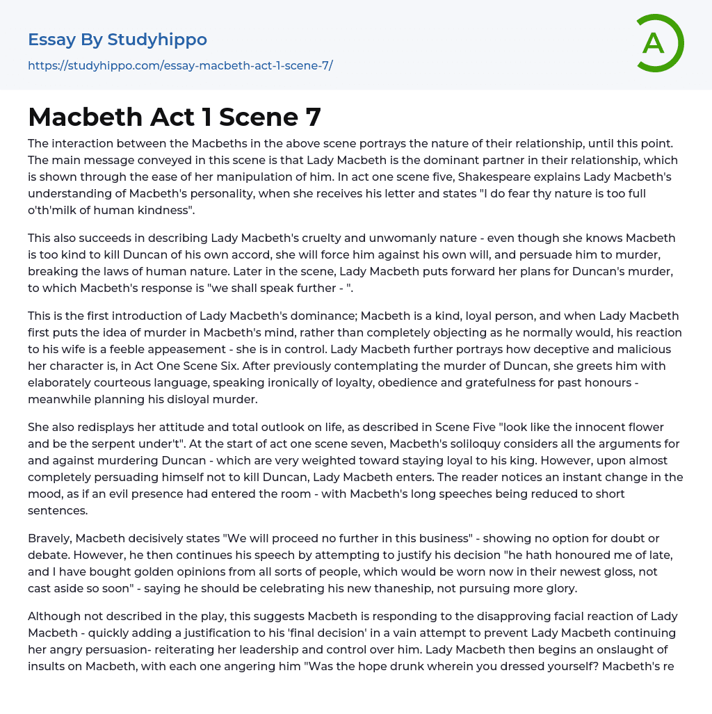 Macbeth Act 1 Scene 7 Essay Example