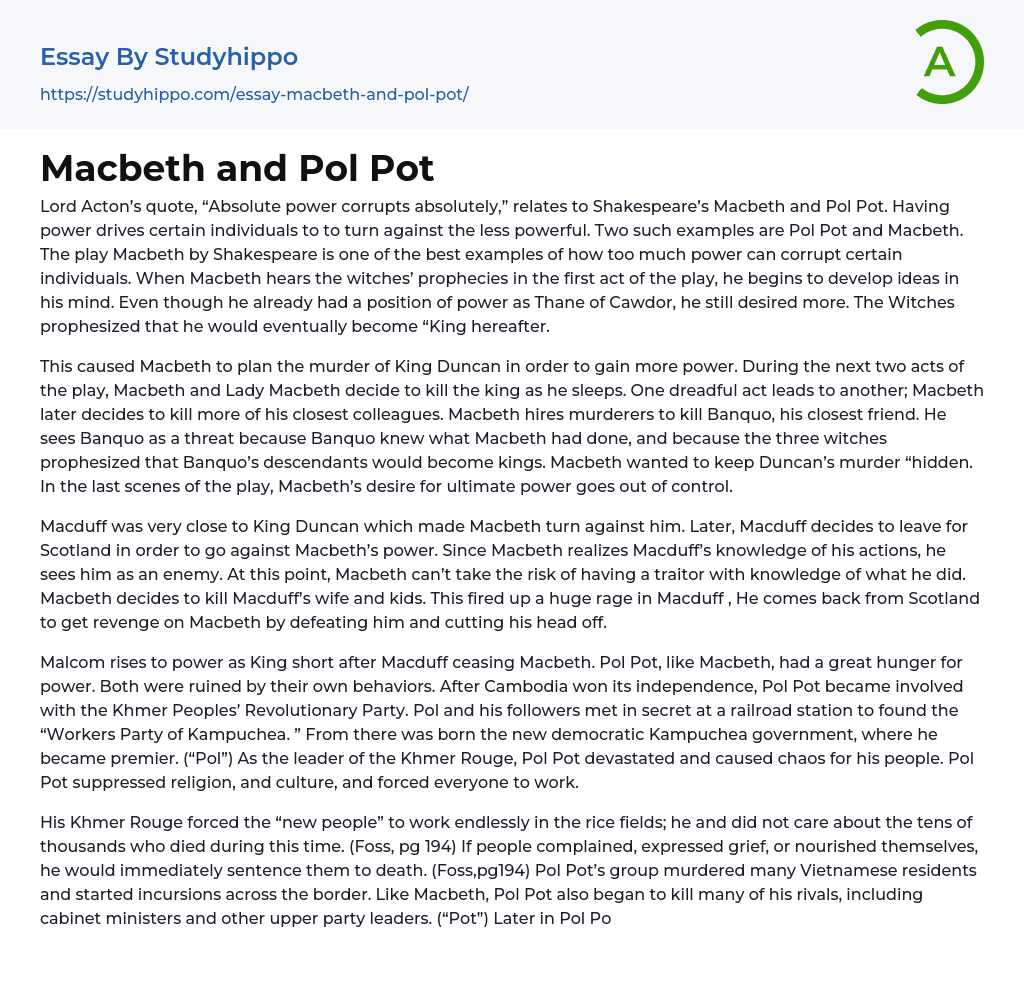 Macbeth and Pol Pot Essay Example