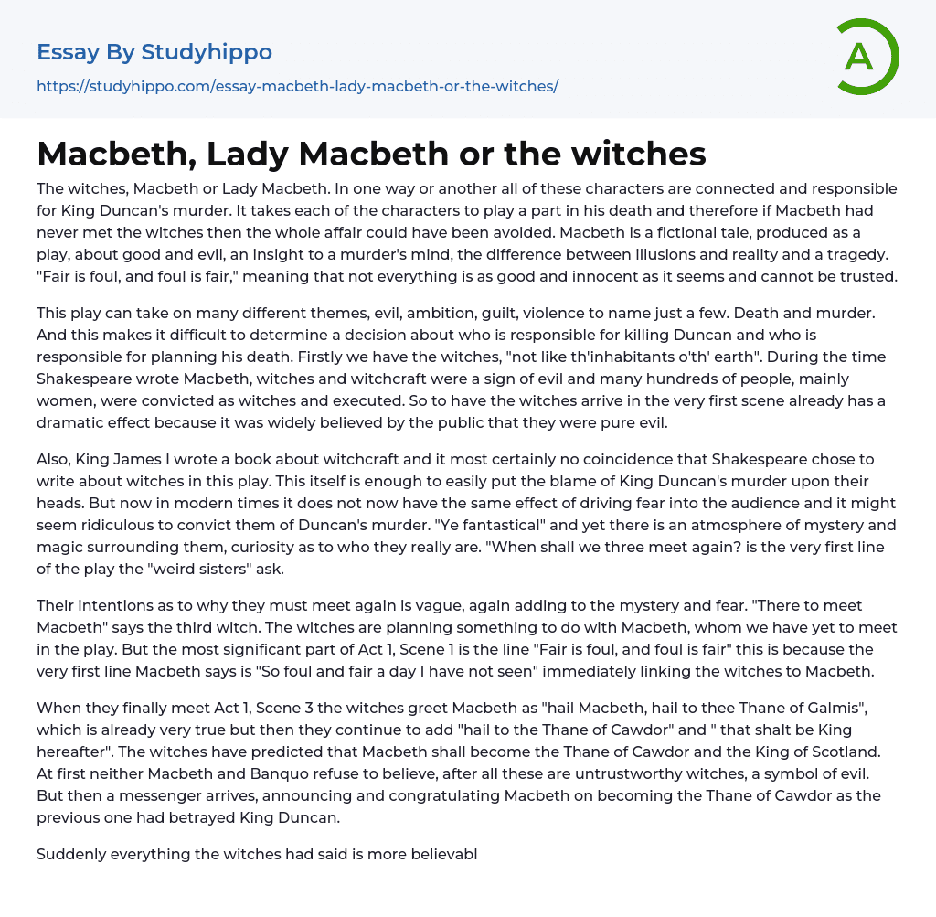 Macbeth, Lady Macbeth or the witches Essay Example