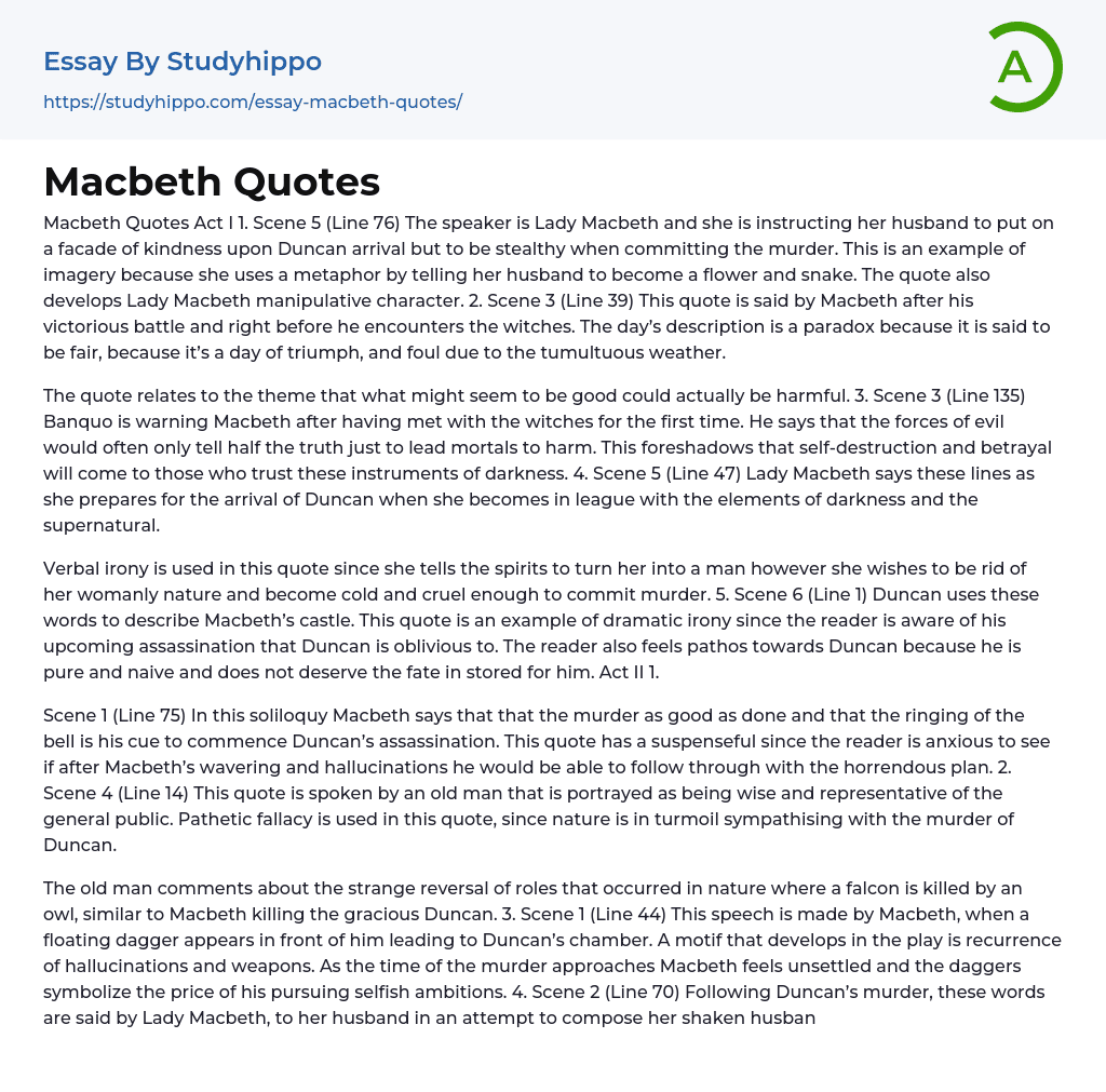 Macbeth Quotes Essay Example